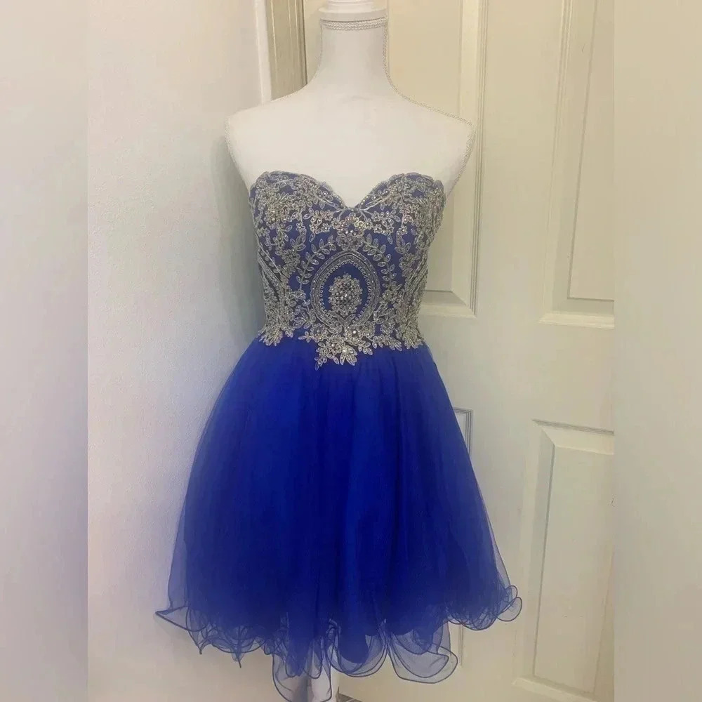 NWT Dancing Queen Formal Homecoming Prom Blue Sequins Rhinestones Tulle Dress XS